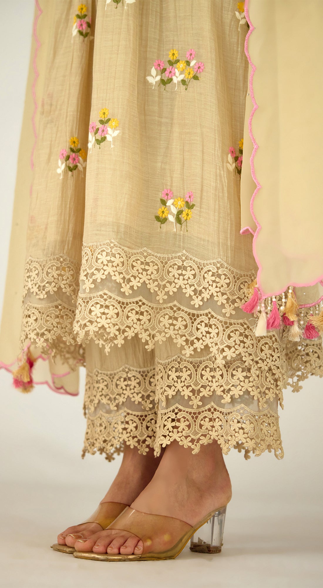 Beige Embroidered Cotton Kurta Set
