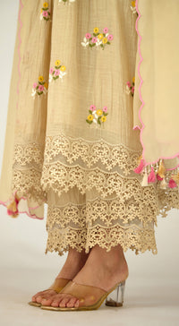Beige Embroidered Cotton Kurta Set