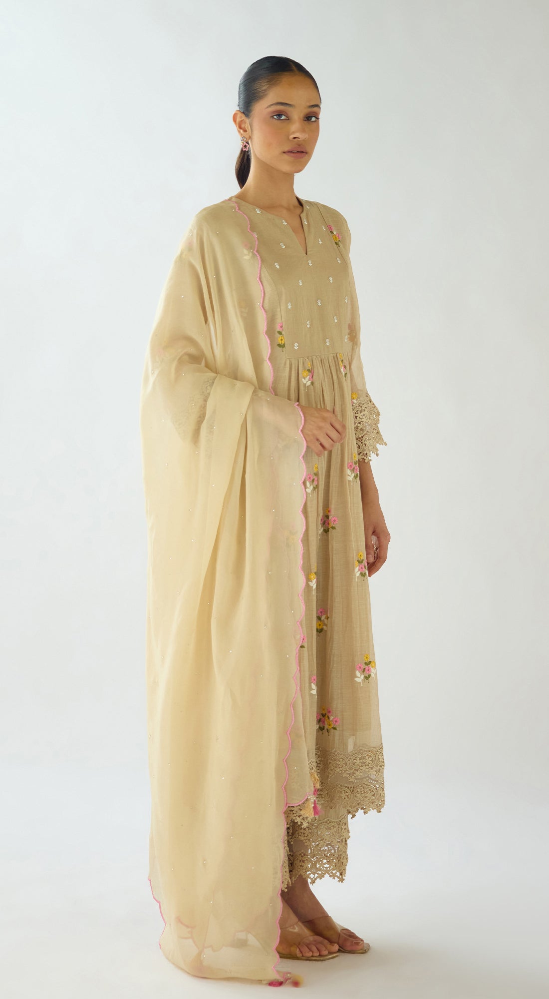 Beige Embroidered Cotton Kurta Set