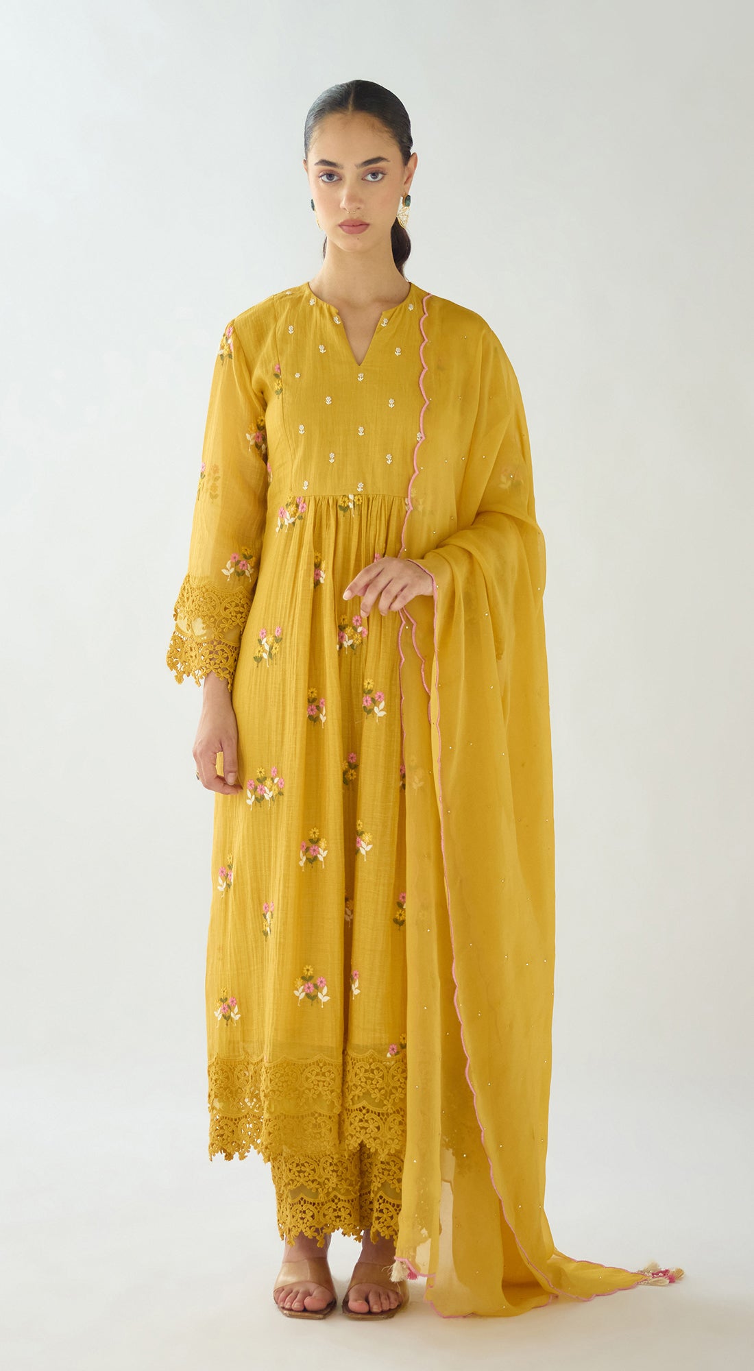 Mustard Embroidered Cotton Kurta Set