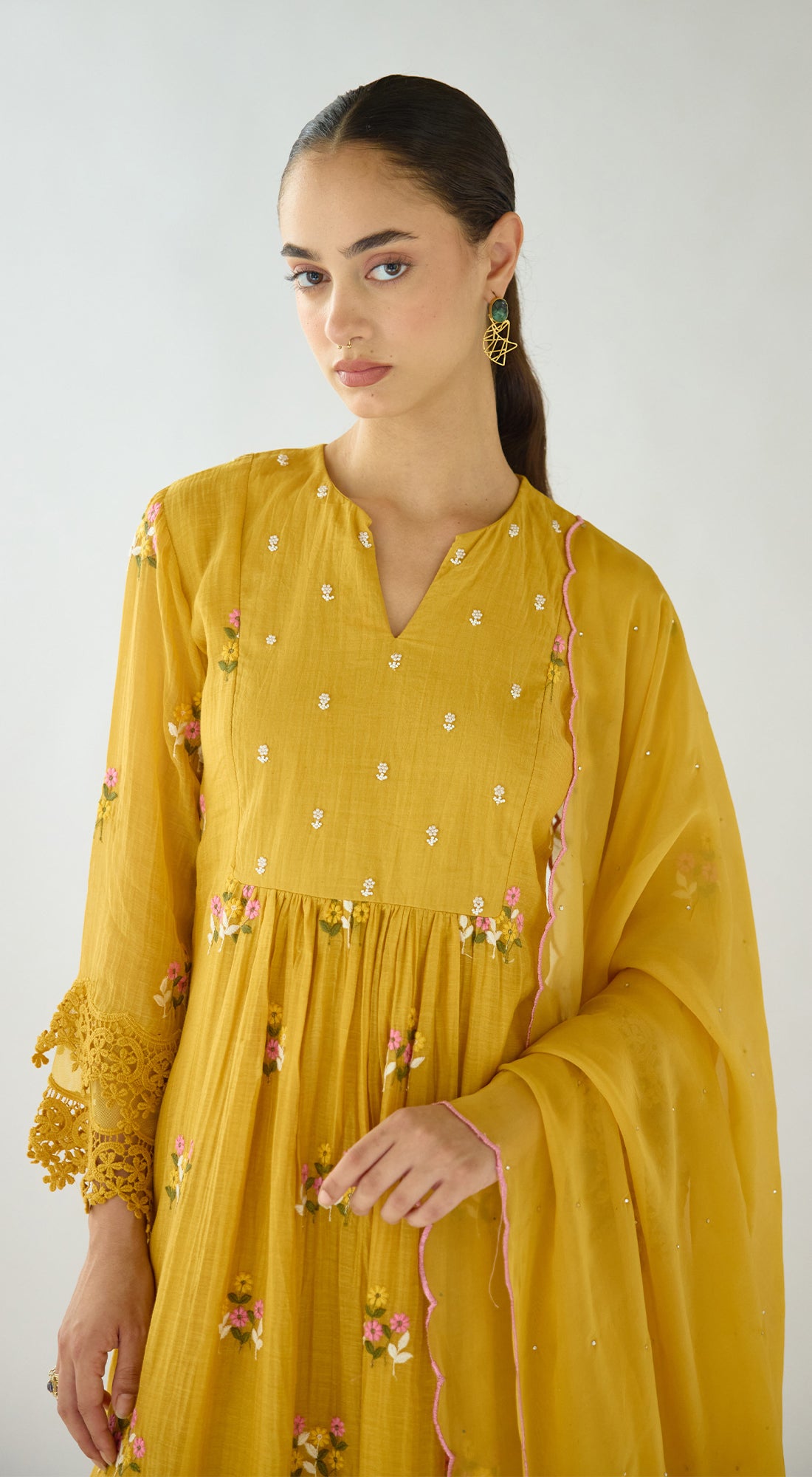 Mustard Embroidered Cotton Kurta Set
