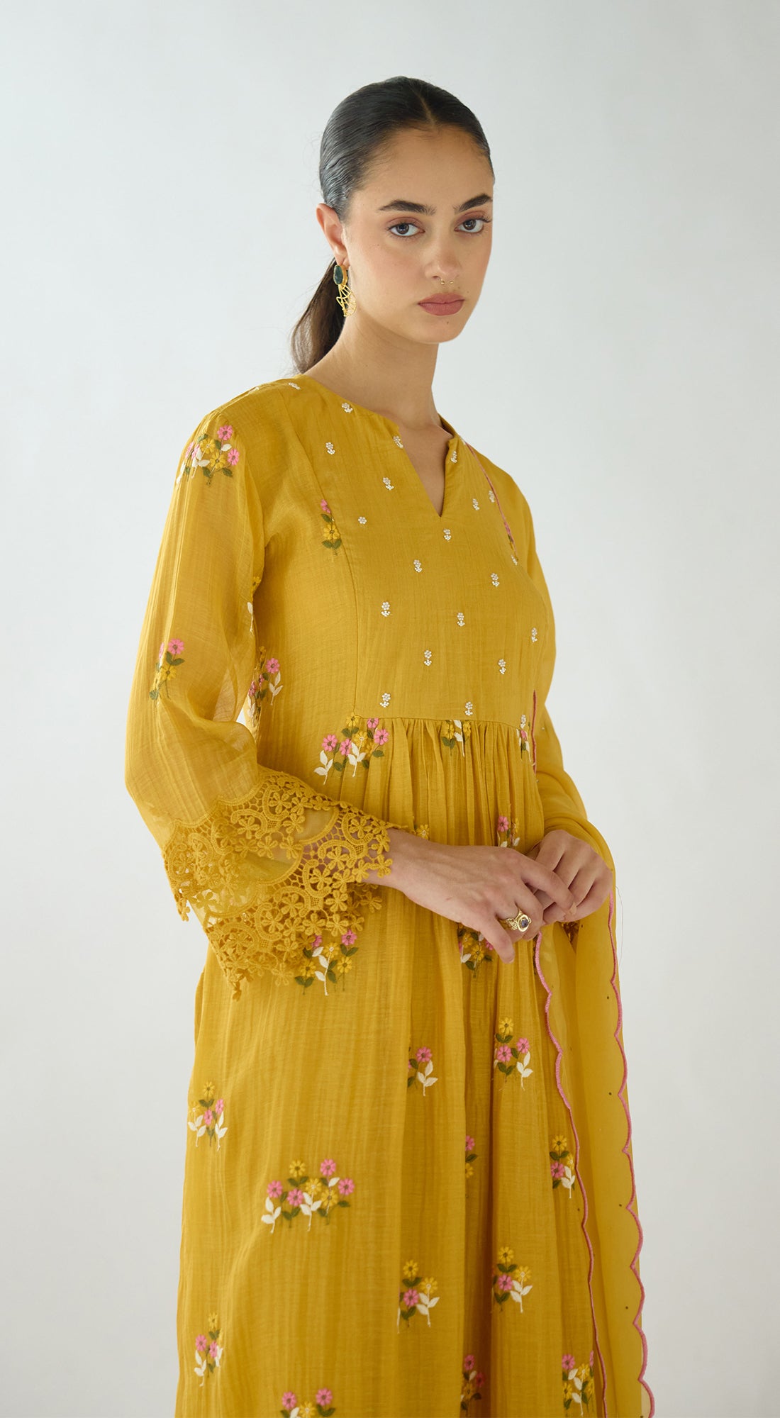 Mustard Embroidered Cotton Kurta Set