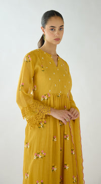 Mustard Embroidered Cotton Kurta Set