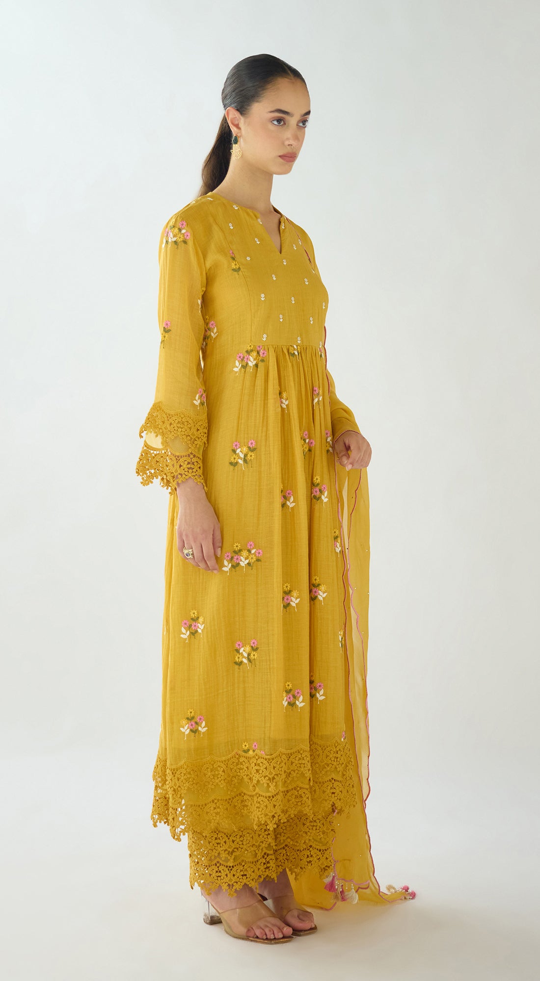 Mustard Embroidered Cotton Kurta Set