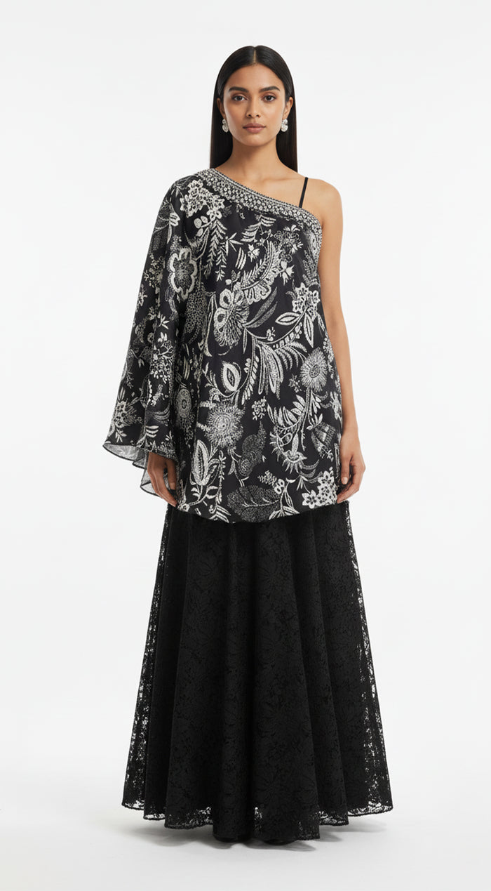 Black Crepe Embroidered Sharara Set