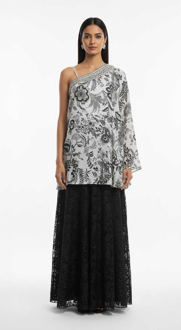 White Crepe Embroidered Sharara Set