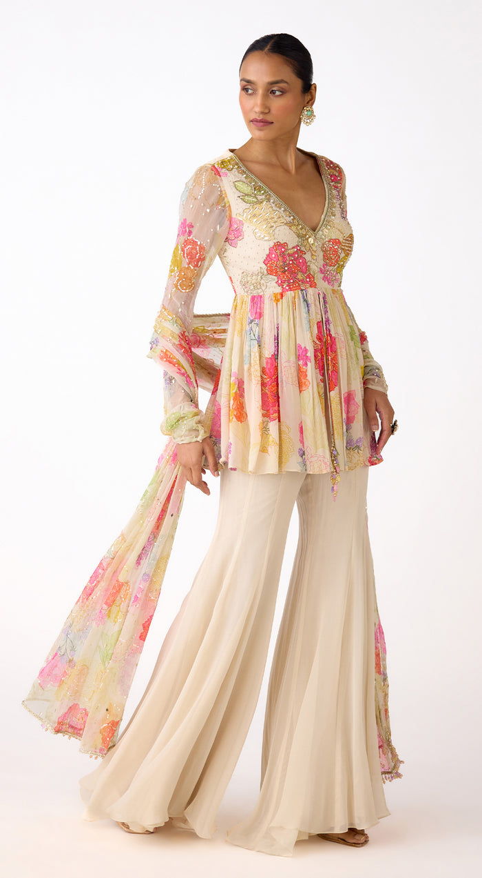 Ivory georgette Embroidered Sharara Set