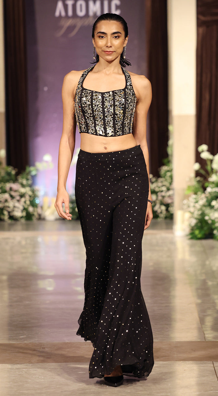 Black Mukaish Georgette Embroidered Sharara Set