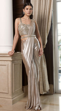 Gold Pre-Draped Saree With Belt