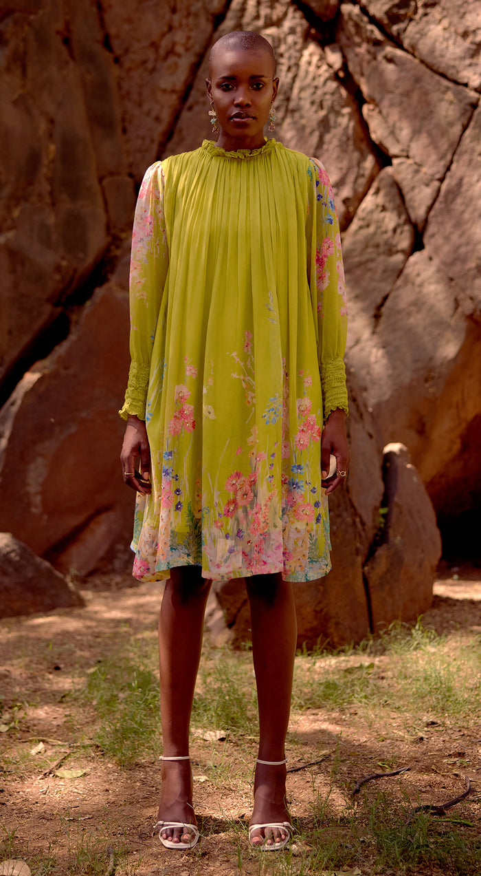 Lime Georgette Embroidered Flora Flow Dress