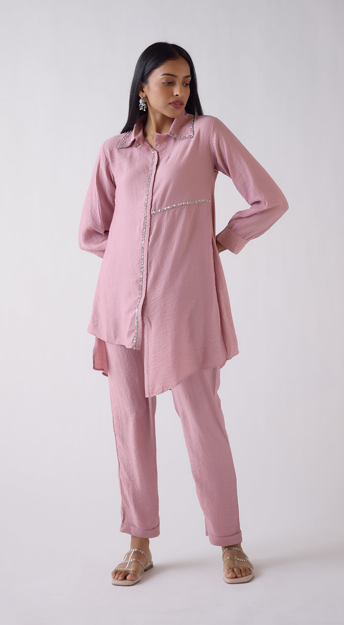 Pink Crepe Satin Long Shirt