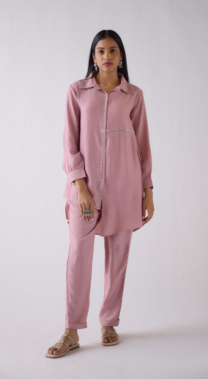 Pink Crepe Satin Long Shirt