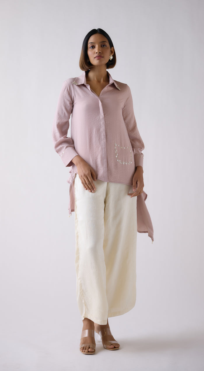 Chalk Crepe Satin Long Shirt