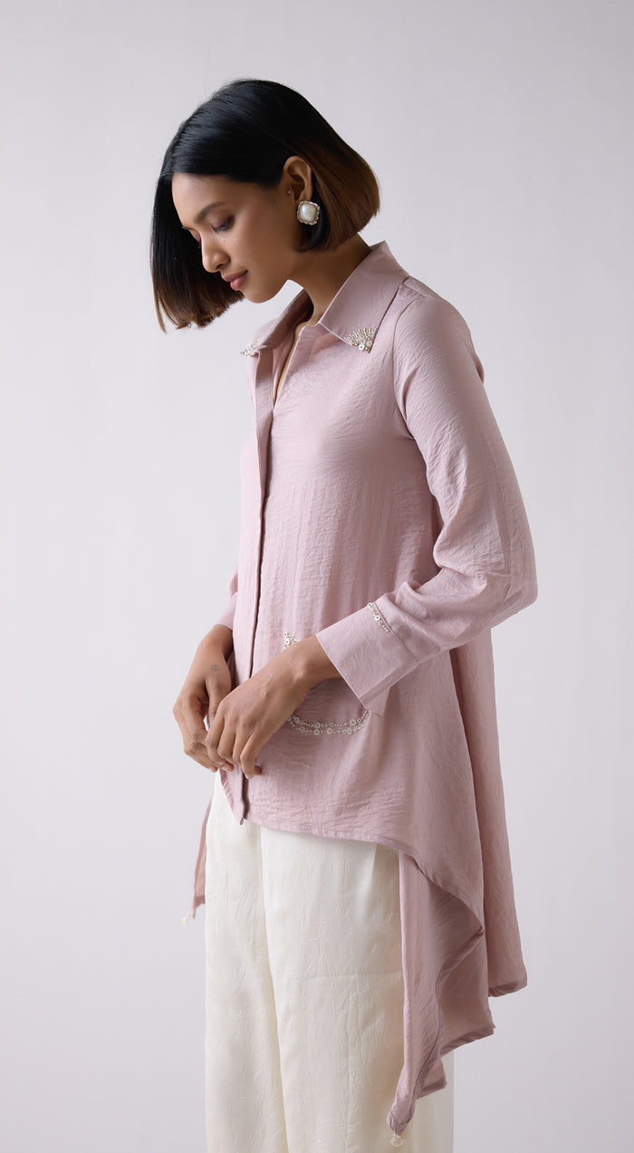 Chalk Crepe Satin Long Shirt