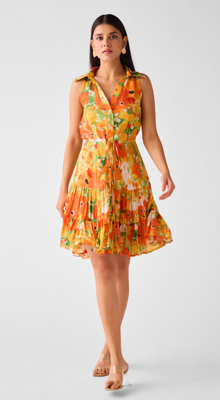 Orange Muslin Floral Dress