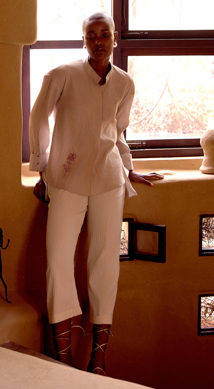 Ivory Striped Embroidered Shirt