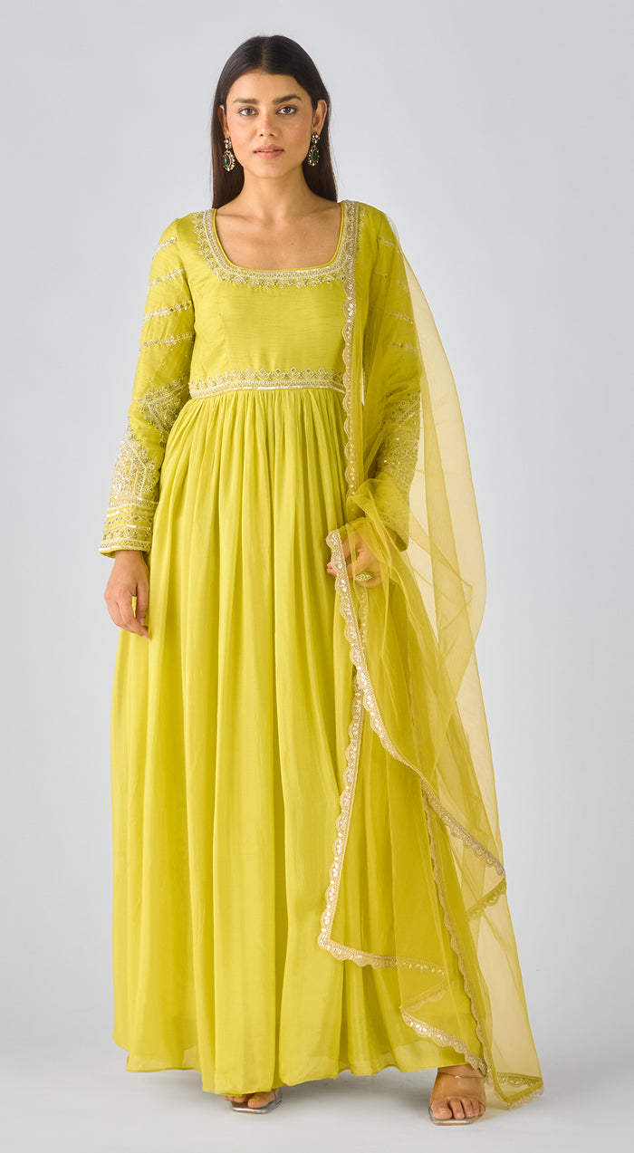Lime Raw Silk Embroidered Anarkali Set