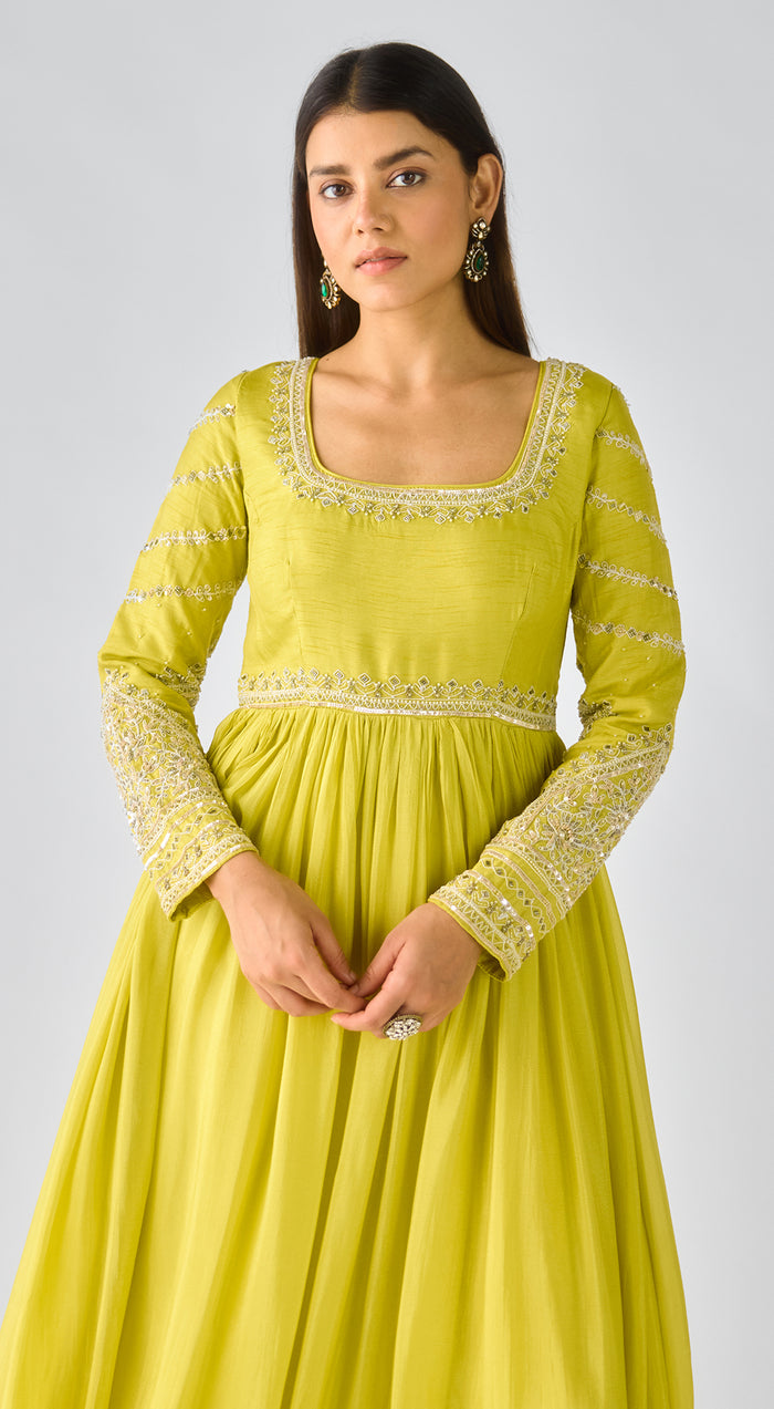 Lime Raw Silk Embroidered Anarkali Set
