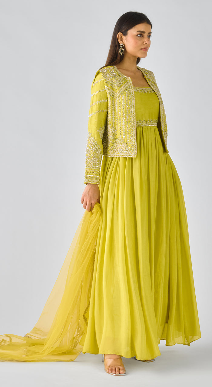 Lime Raw Silk Embroidered Anarkali Set