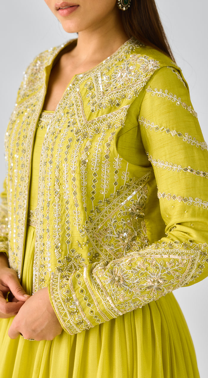 Lime Raw Silk Embroidered Anarkali Set