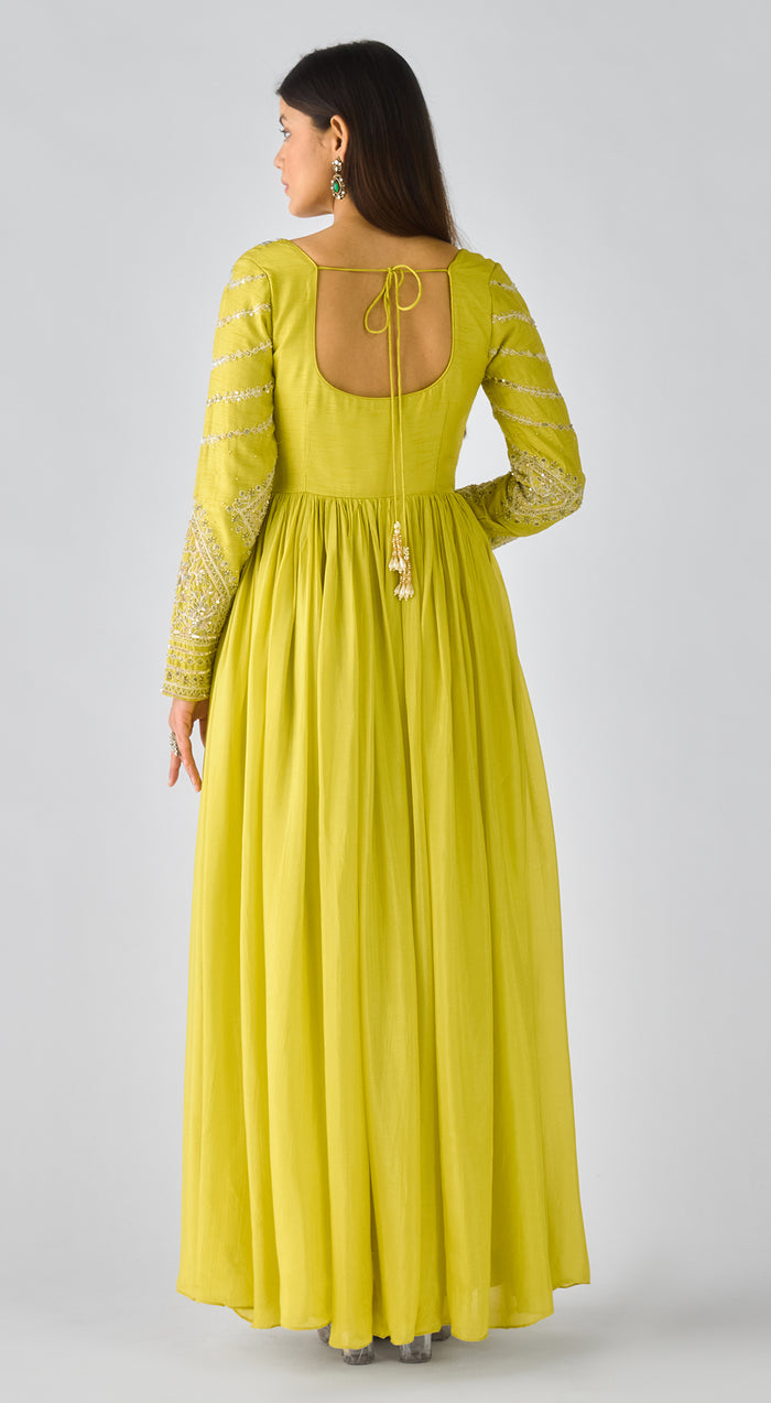 Lime Raw Silk Embroidered Anarkali Set