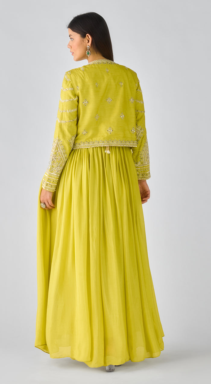 Lime Raw Silk Embroidered Anarkali Set