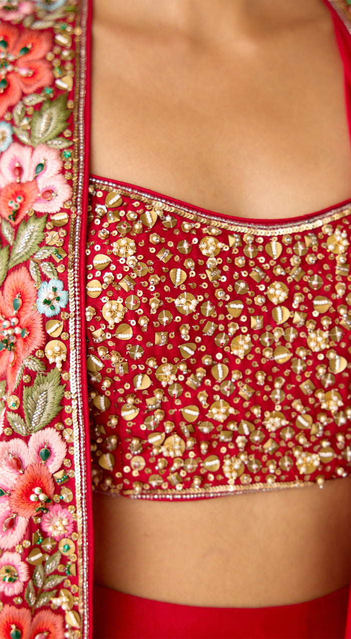 Red Embroidered Draped Skirt Set