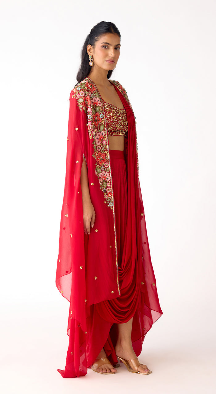 Red Embroidered Draped Skirt Set