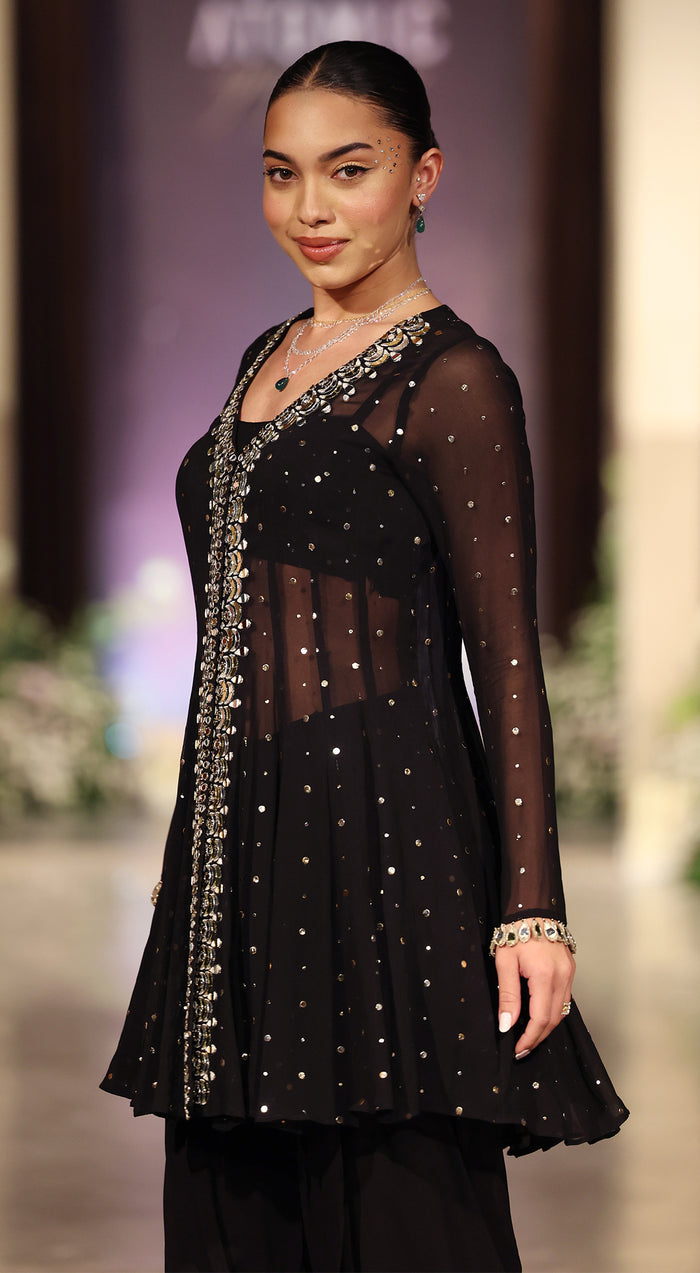 Black Mukaish Georgette Embroidered Dhoti Set