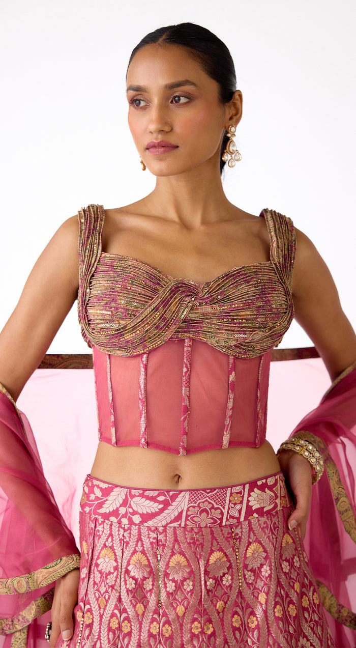 Pink Banarasi Embroidered Lehenga Set