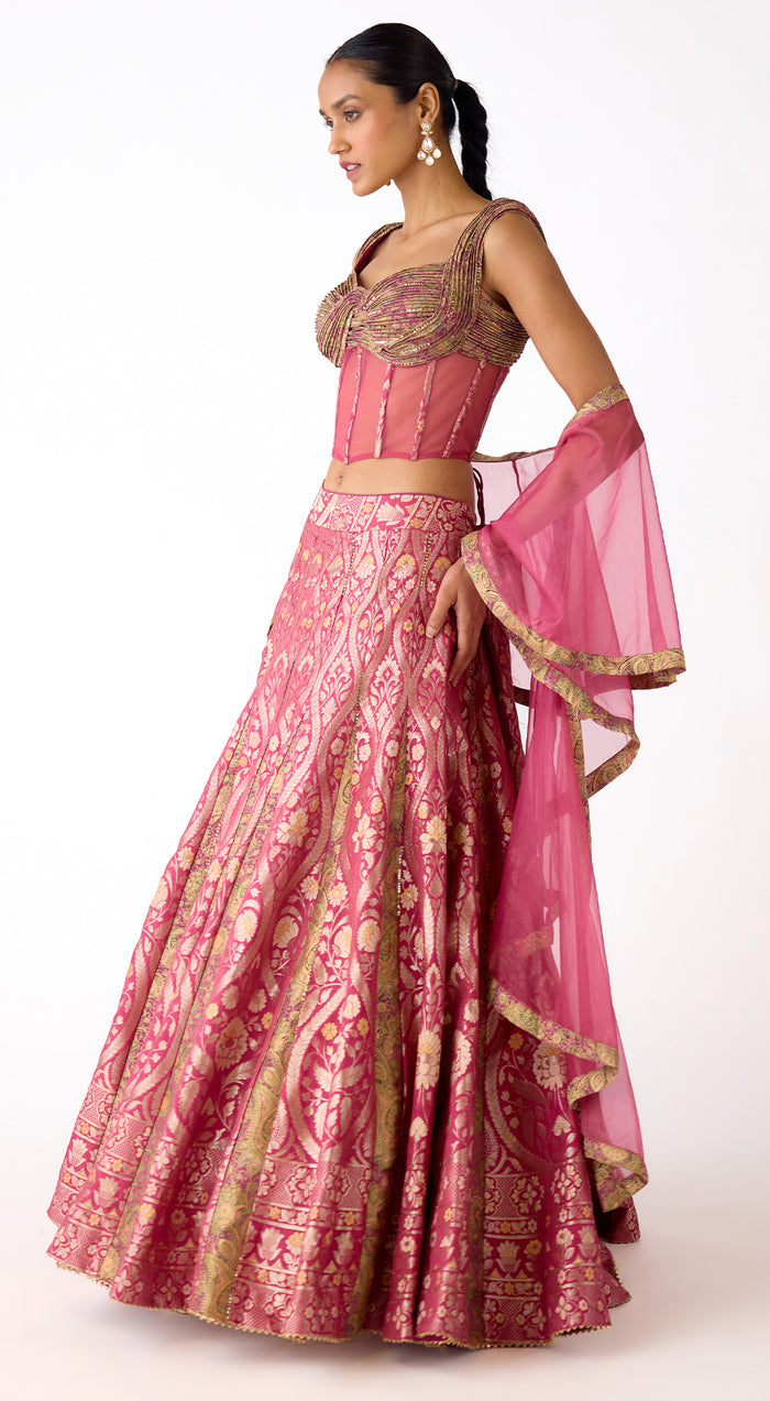 Pink Banarasi Embroidered Lehenga Set