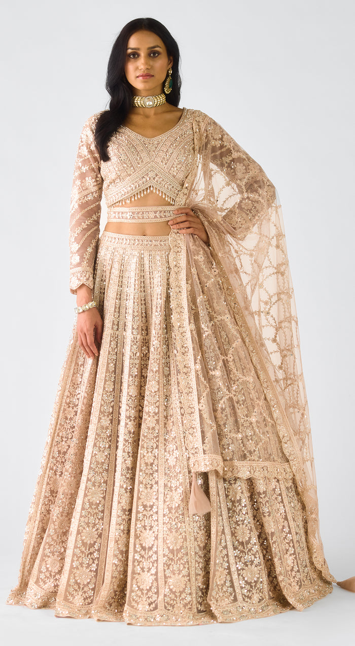 Peach Net Embroidered Lehenga Set