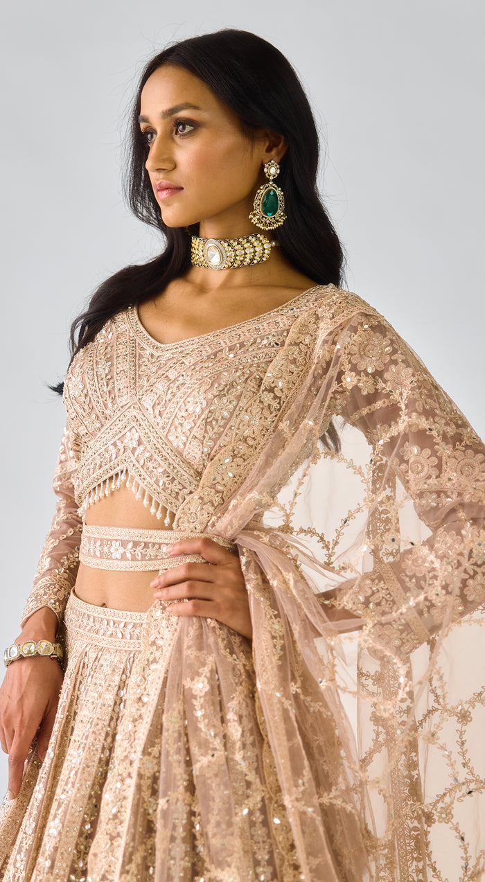 Peach Net Embroidered Lehenga Set