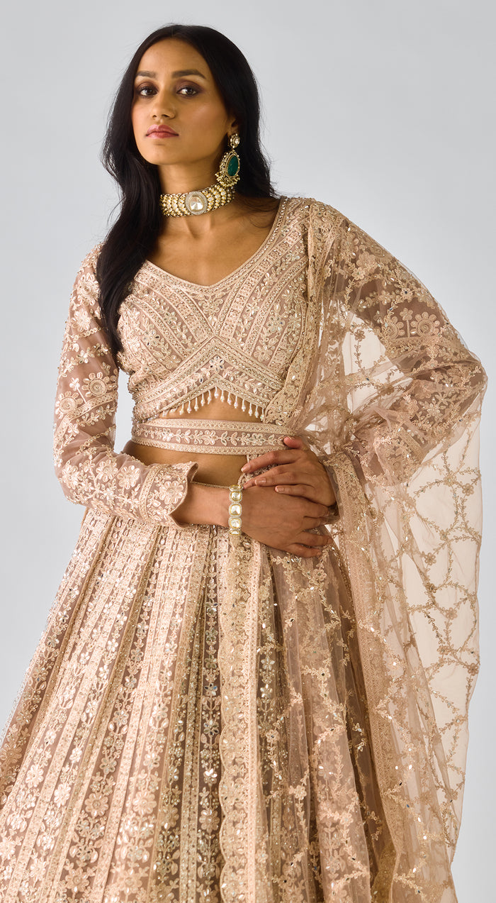 Peach Net Embroidered Lehenga Set