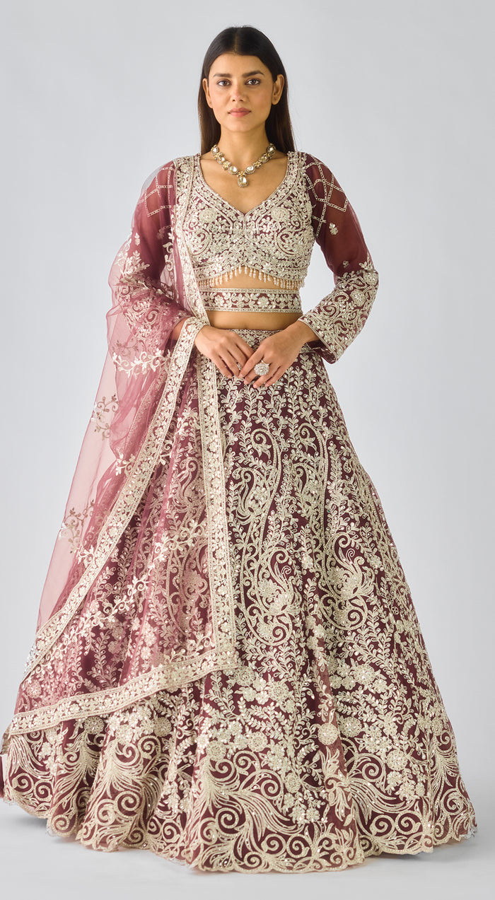 Wine Net Embroidered Lehenga Set
