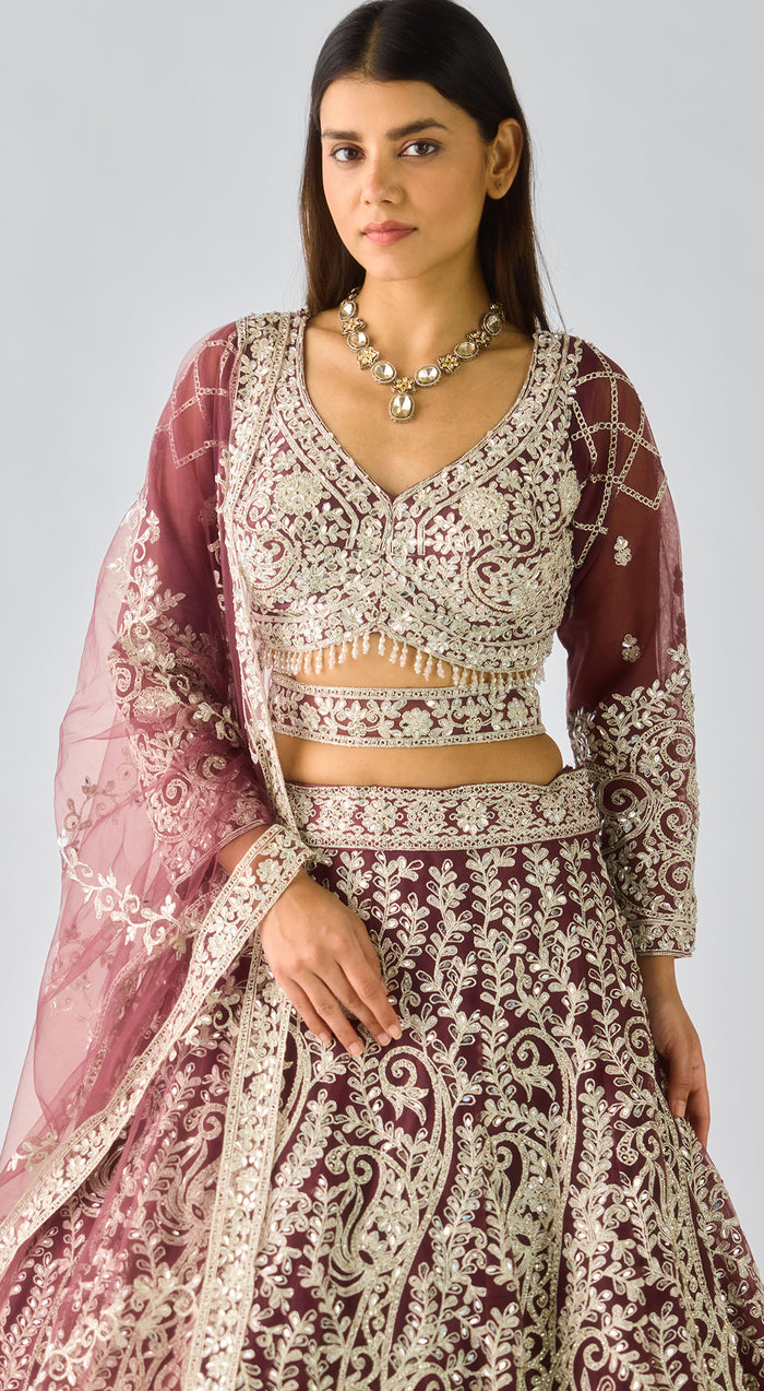 Wine Net Embroidered Lehenga Set