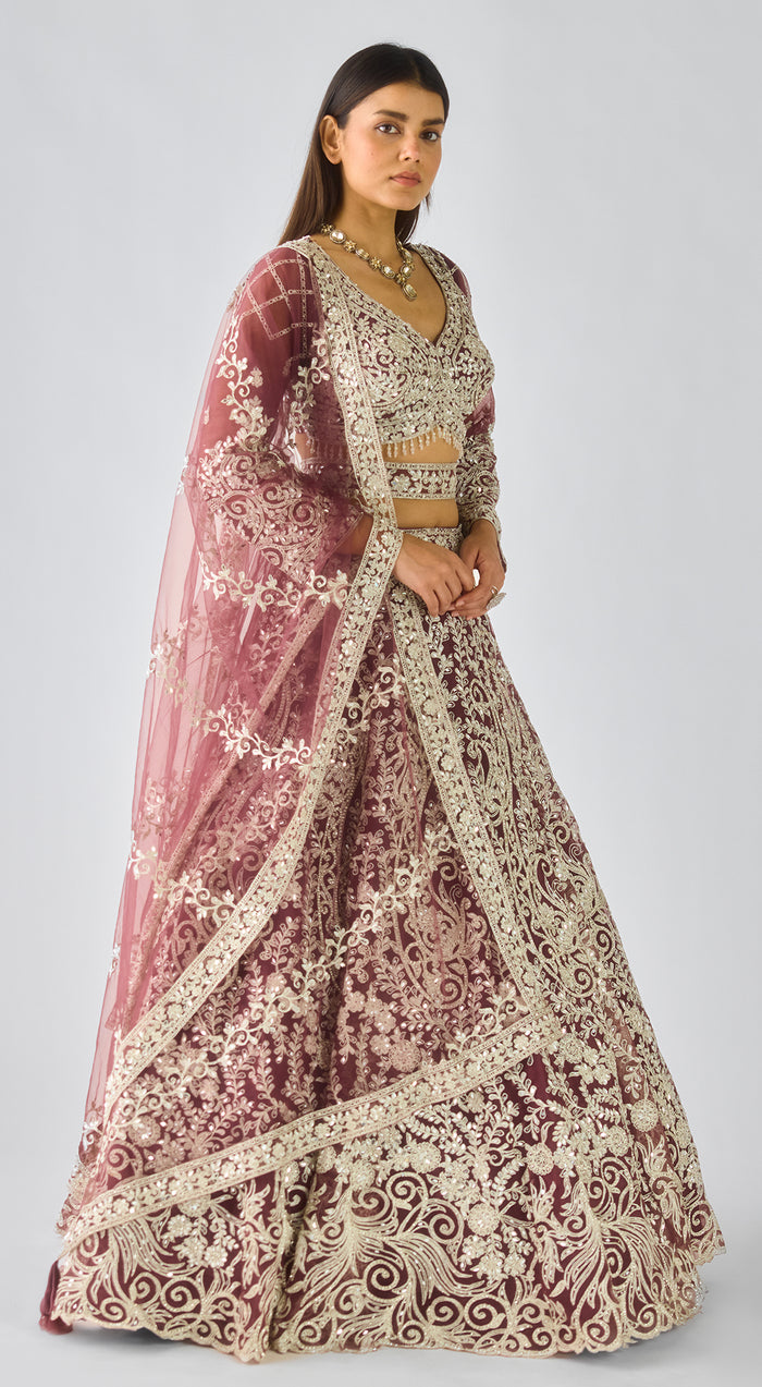 Wine Net Embroidered Lehenga Set