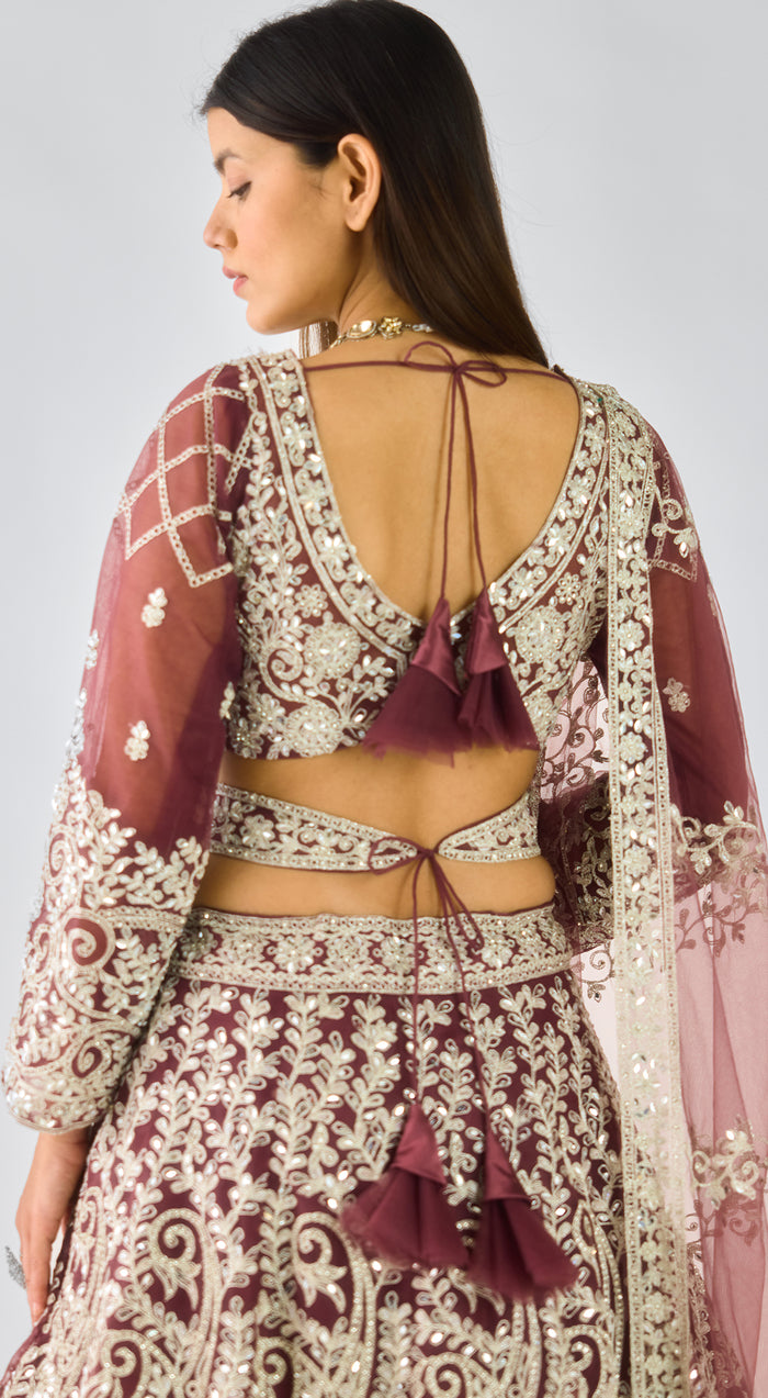 Wine Net Embroidered Lehenga Set