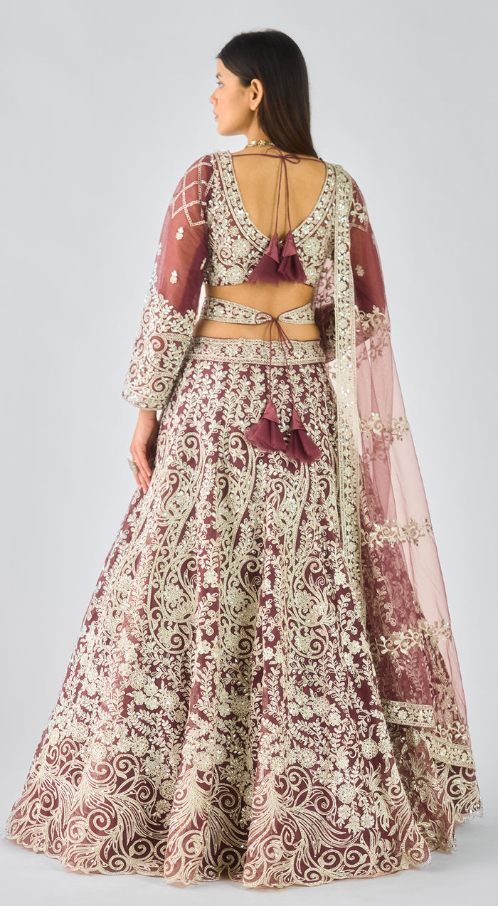 Wine Net Embroidered Lehenga Set