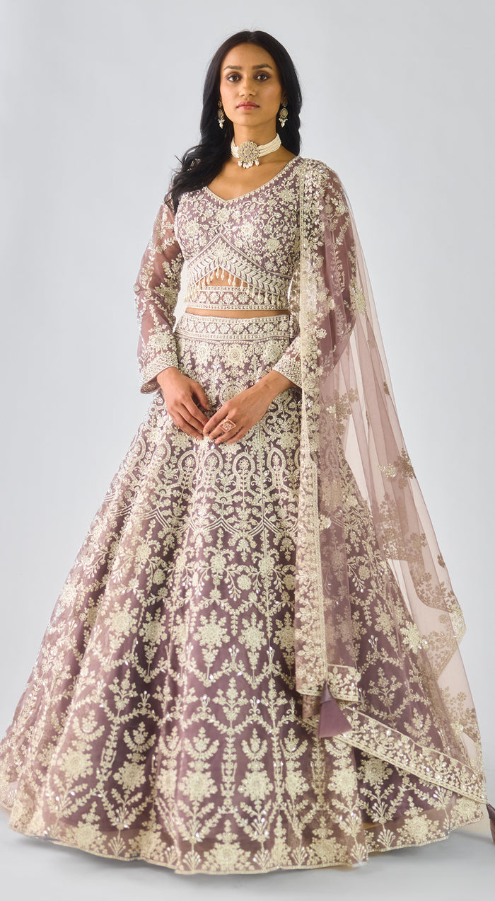 Mauve Net Embroidered Lehenga Set