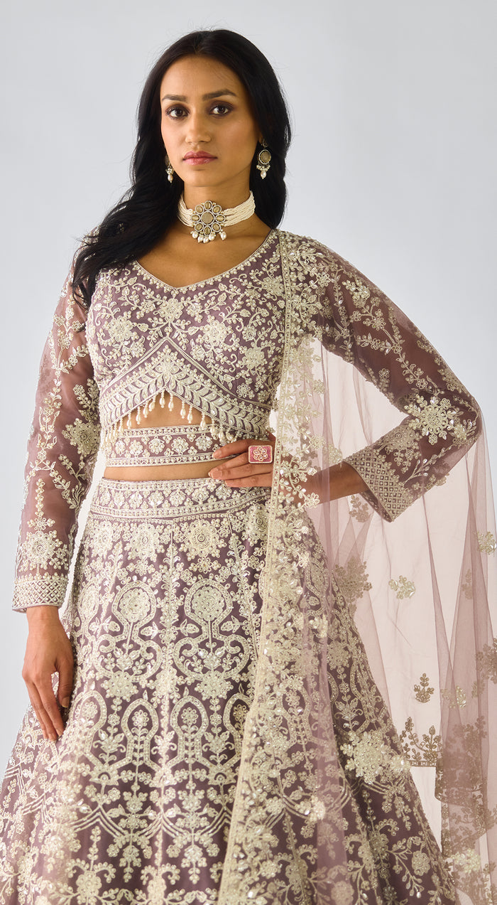 Mauve Net Embroidered Lehenga Set