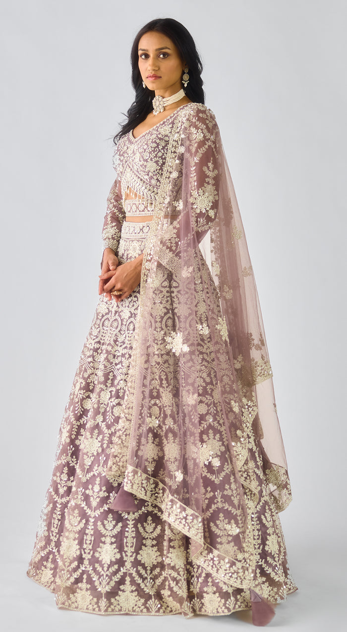 Mauve Net Embroidered Lehenga Set