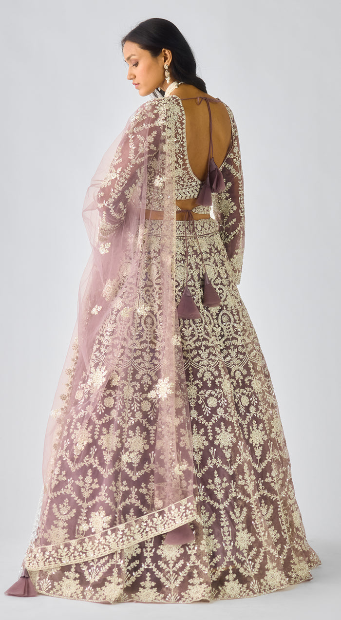 Mauve Net Embroidered Lehenga Set