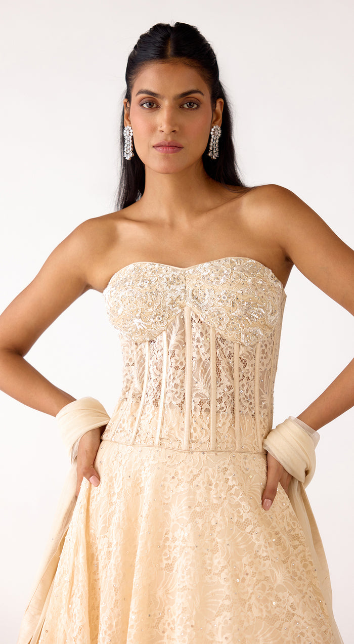 Ivory Chantilly Net Embroidered Lehenga Set