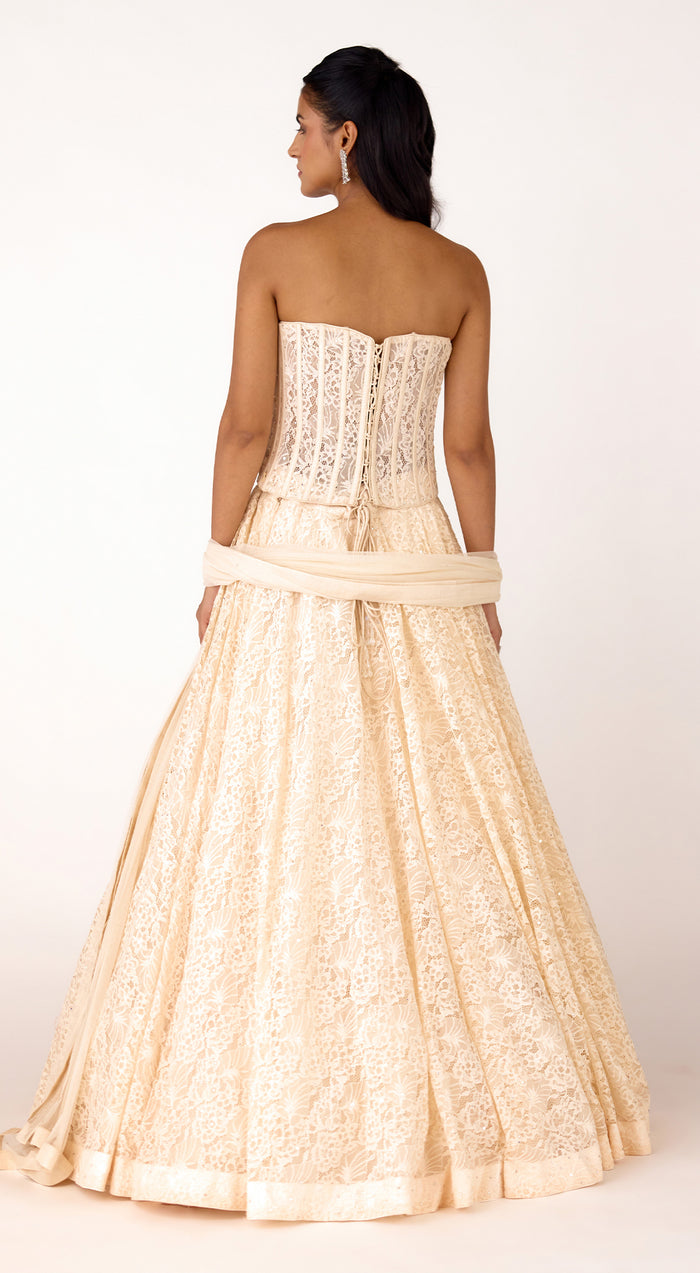 Ivory Chantilly Net Embroidered Lehenga Set