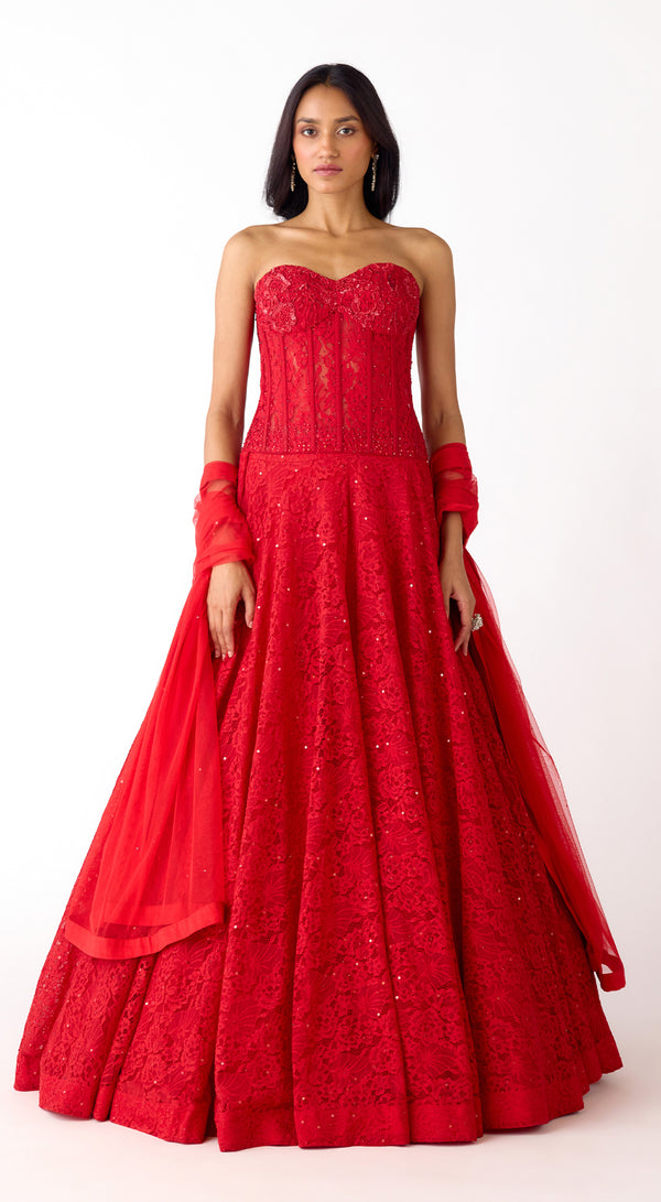 Red Chantley net corset lehenga set with sequins, cutdana and Swarovski embroidery - Basanti