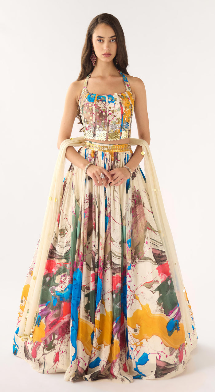 Blue Crepe Sequins Embroidered Lehenga Set