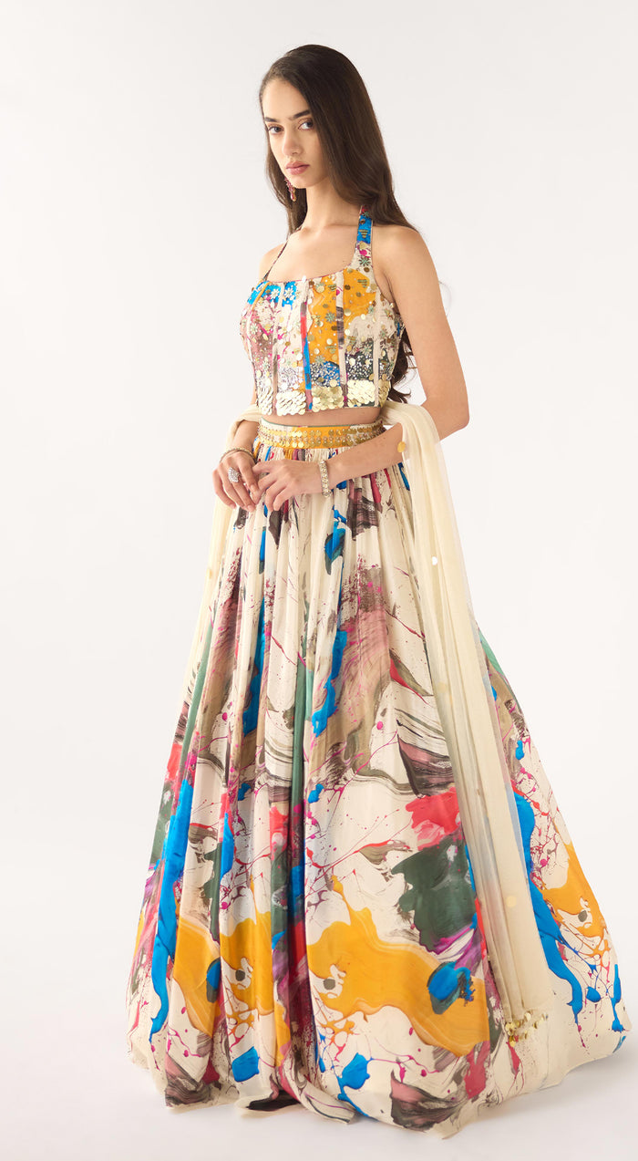 Blue Crepe Sequins Embroidered Lehenga Set
