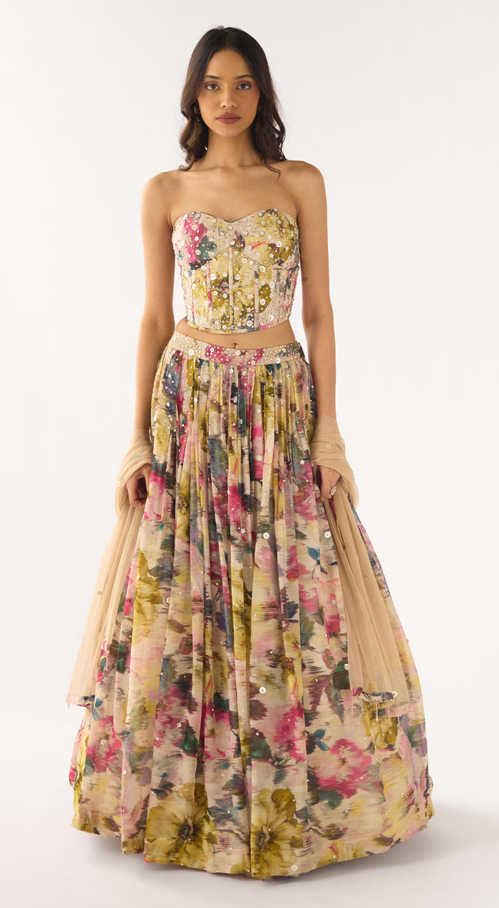 Beige Organza Embroidered Lehenga Set