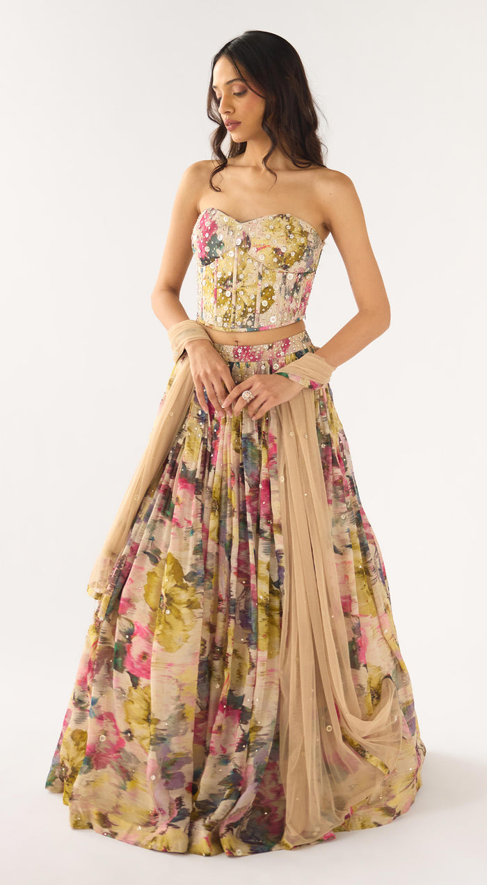 Beige Organza Embroidered Lehenga Set